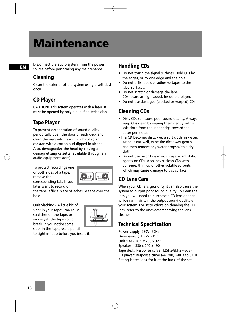 Maintenance, Cleaning, Cd player | Tape player, Handling cds, Cleaning cds, Cd lens care, Technical specification | Technicolor - Thomson MS4300 User Manual | Page 23 / 23