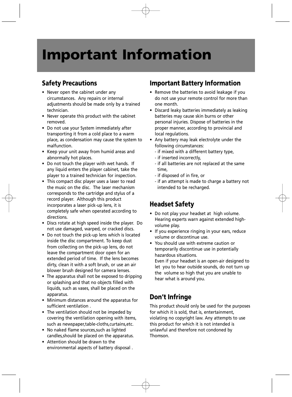 Important information, Safety precautions, Important battery information | Headset safety, Don’t infringe | Technicolor - Thomson MS4300 User Manual | Page 5 / 23
