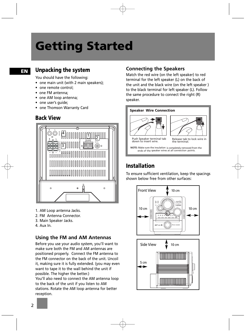 Getting started, Unpacking the system, Back view | Installation, Using the fm and am antennas, Connecting the speakers | Technicolor - Thomson MS4300 User Manual | Page 7 / 23