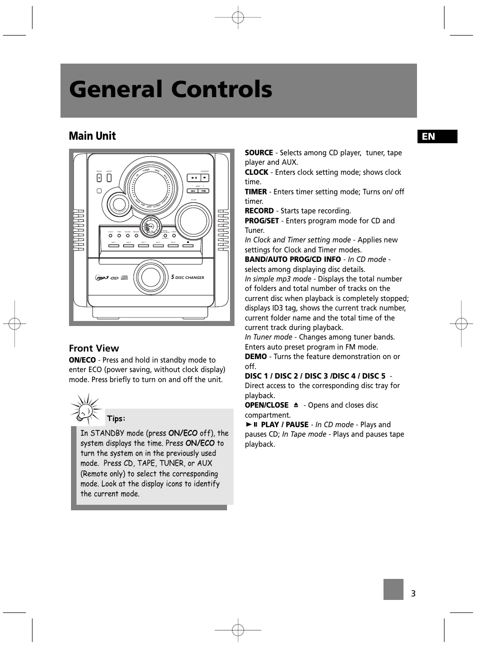 General controls, Main unit, Front view | Cd-r / rw compatible | Technicolor - Thomson MS4300 User Manual | Page 8 / 23