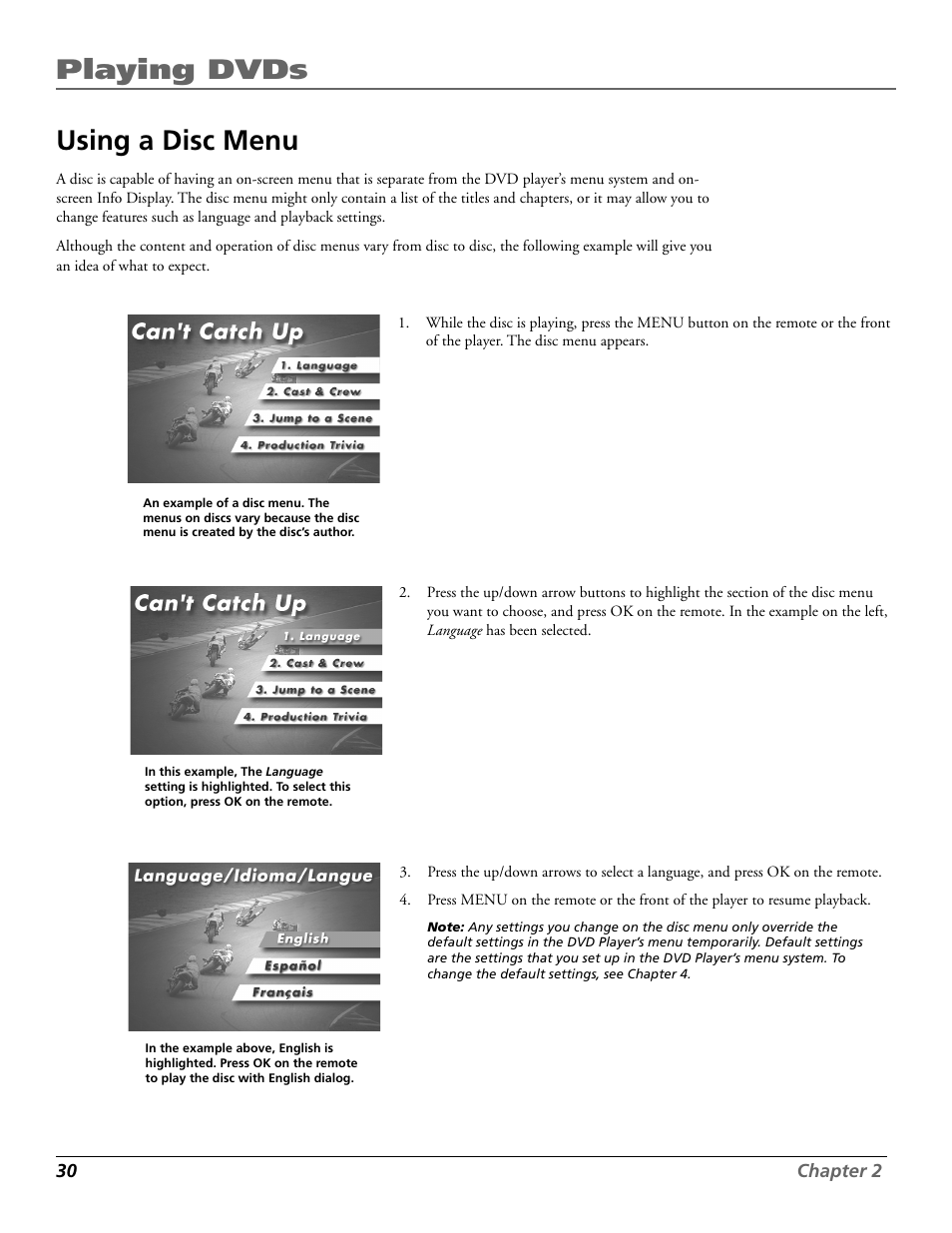 Playing dvds, Using a disc menu | Technicolor - Thomson RC5920P User Manual | Page 32 / 74