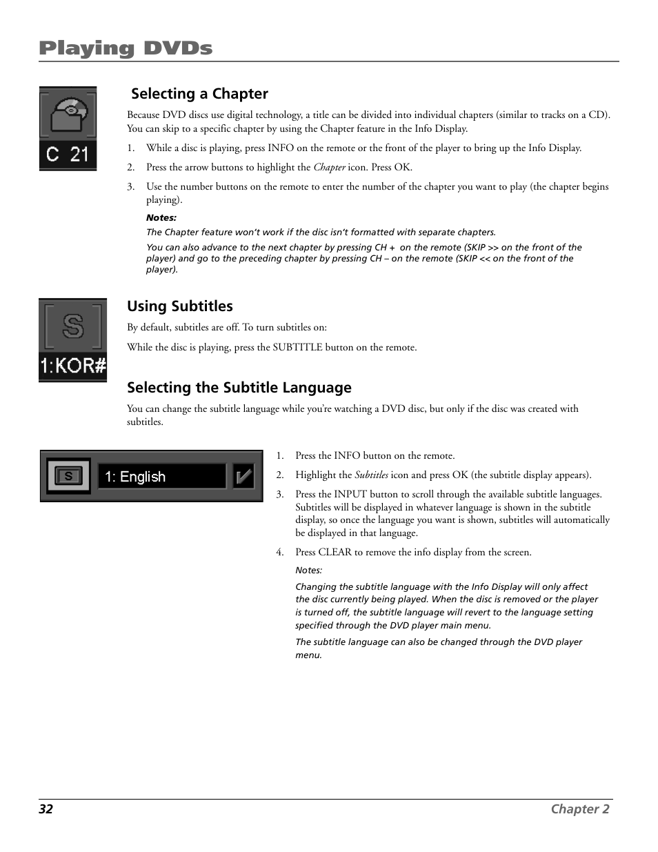 Playing dvds, Selecting a chapter, Using subtitles | Selecting the subtitle language | Technicolor - Thomson RC5920P User Manual | Page 34 / 74