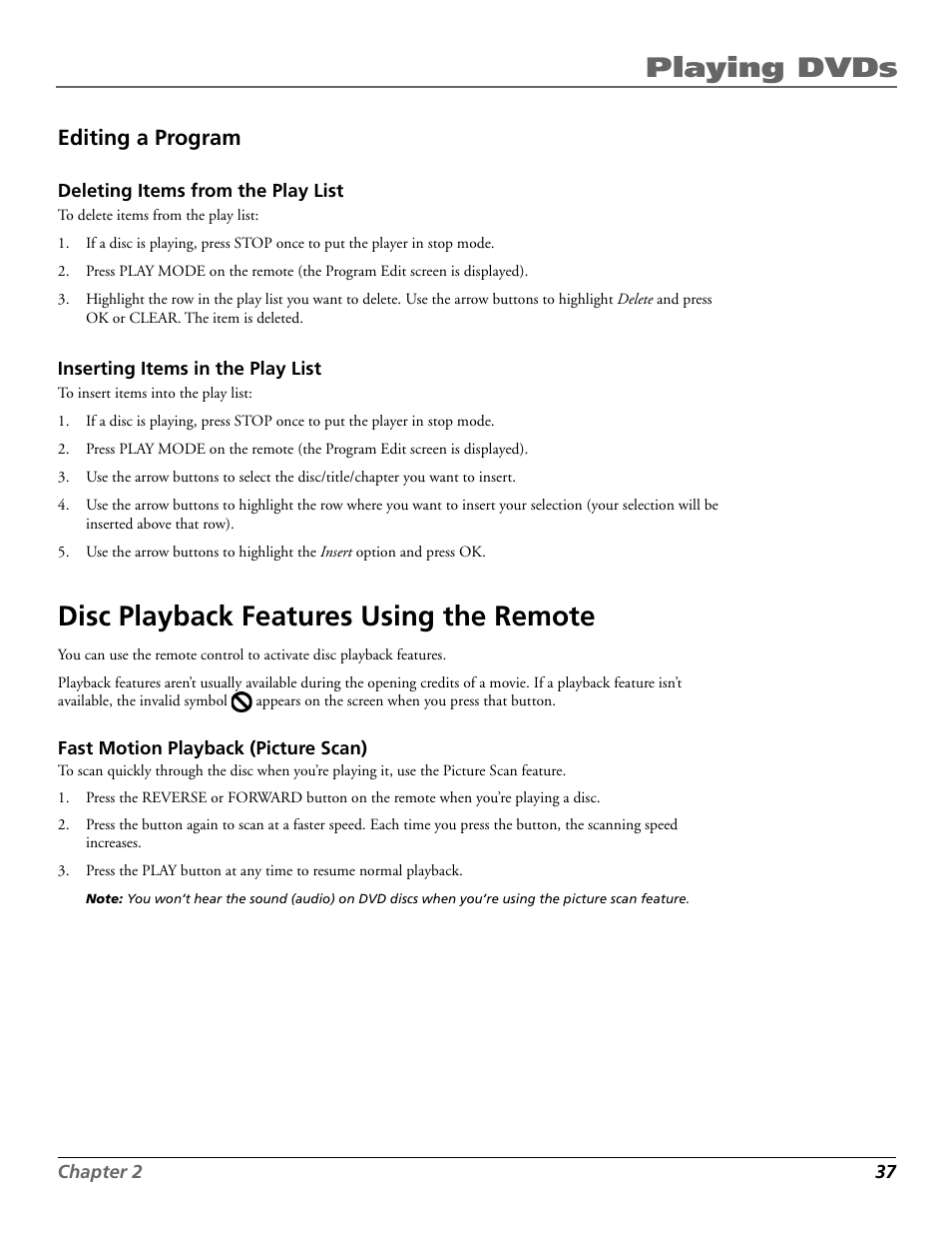 Playing dvds, Disc playback features using the remote, Editing a program | Technicolor - Thomson RC5920P User Manual | Page 39 / 74