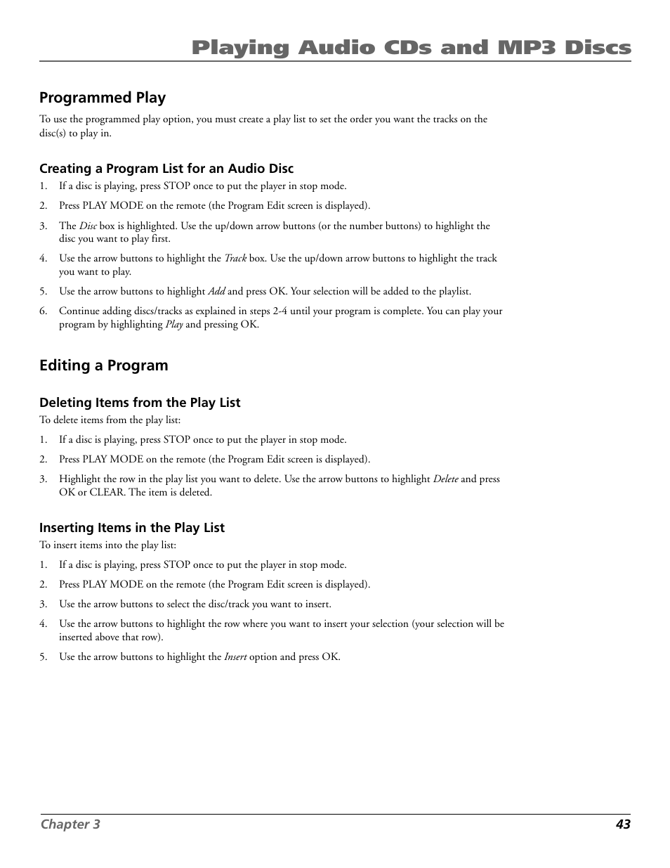 Playing audio cds and mp3 discs, Programmed play, Editing a program | Technicolor - Thomson RC5920P User Manual | Page 45 / 74