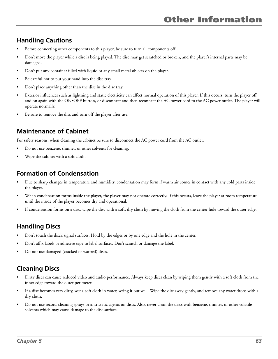 Other information, Handling cautions, Maintenance of cabinet | Formation of condensation, Handling discs, Cleaning discs | Technicolor - Thomson RC5920P User Manual | Page 65 / 74