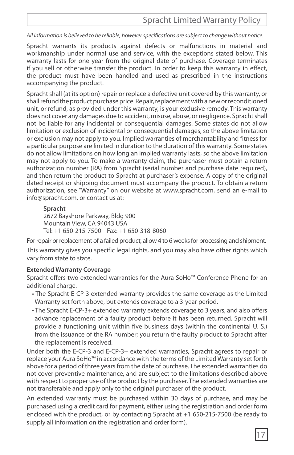 Spracht limited warranty policy | Technicolor - Thomson CP-2016-007 User Manual | Page 22 / 24