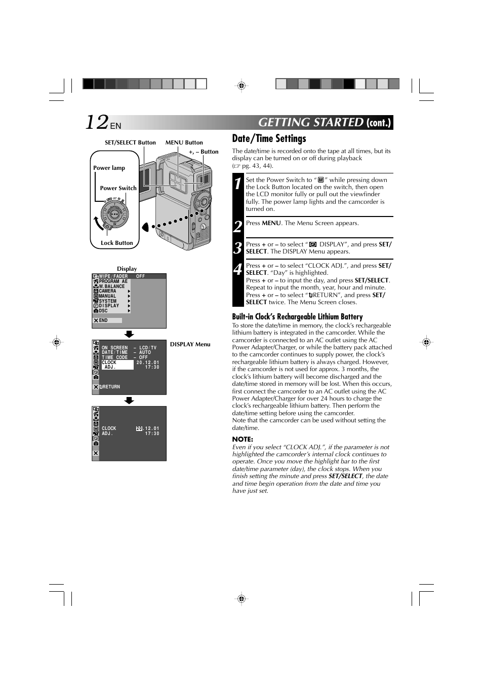 Getting started, Cont.), Date/time settings | Built-in clock’s rechargeable lithium battery | Technicolor - Thomson HP 270 User Manual | Page 13 / 100