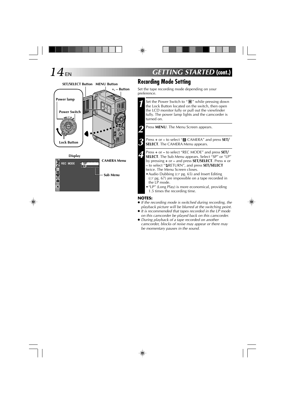 Getting started, Cont.), Recording mode setting | Technicolor - Thomson HP 270 User Manual | Page 15 / 100