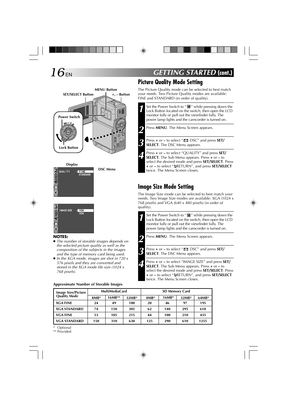 Getting started, Cont.), Picture quality mode setting | Image size mode setting | Technicolor - Thomson HP 270 User Manual | Page 17 / 100