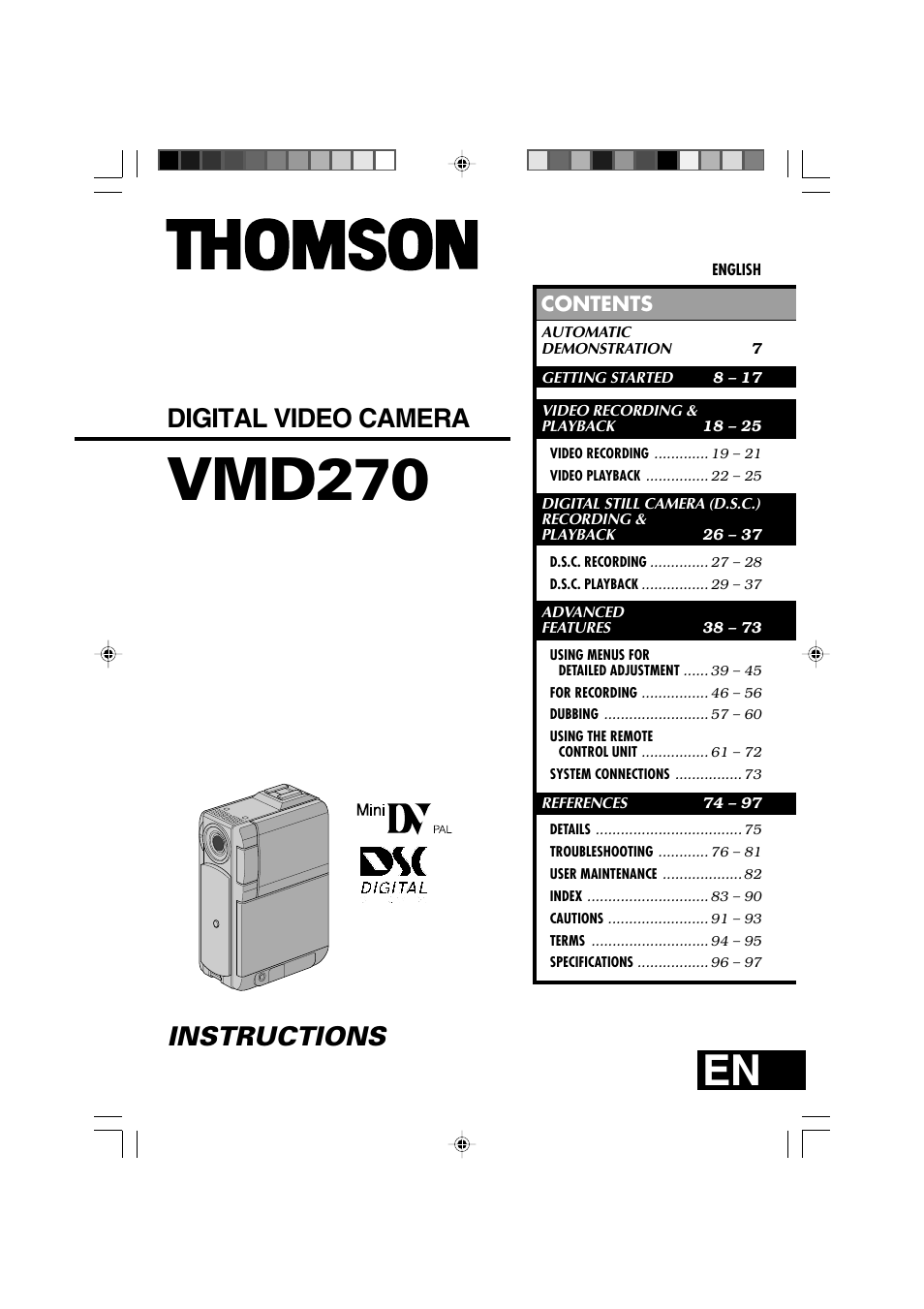 Vmd270, Digital video camera instructions | Technicolor - Thomson HP 270 User Manual | Page 2 / 100