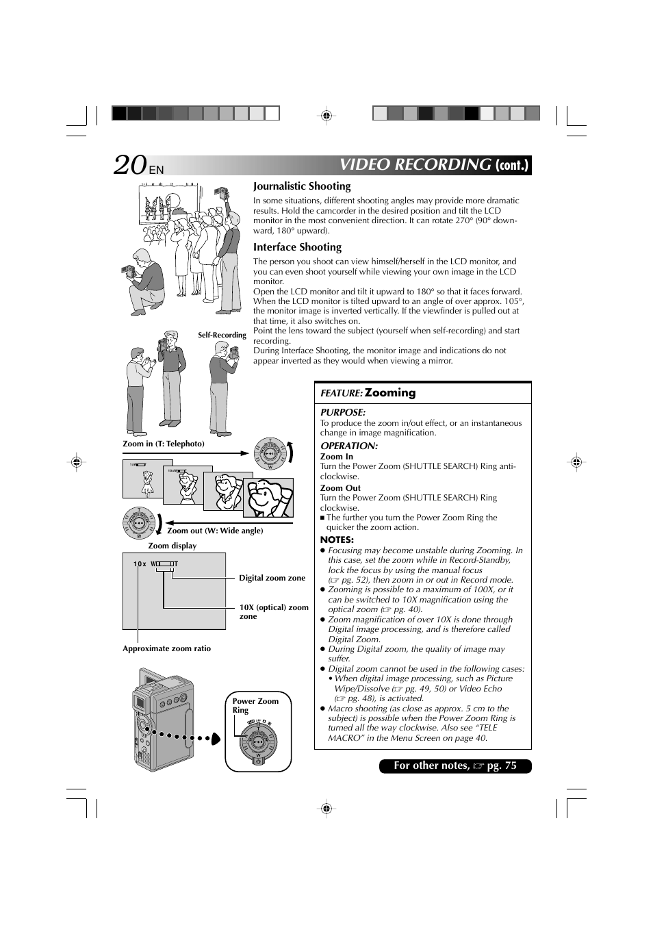 Video recording, Cont.), Journalistic shooting | Interface shooting, Zooming | Technicolor - Thomson HP 270 User Manual | Page 21 / 100