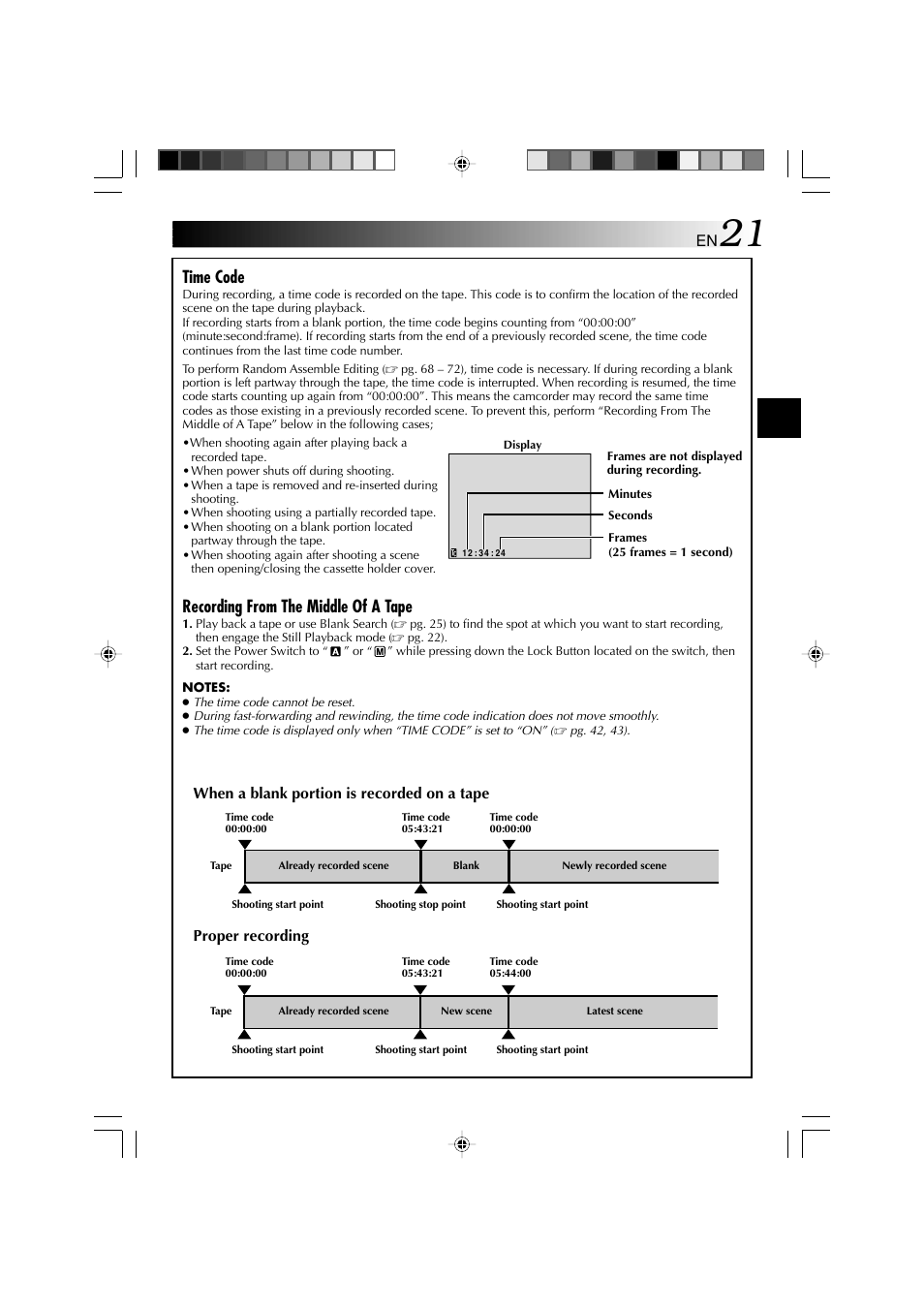 Time code, Recording from the middle of a tape, When a blank portion is recorded on a tape | Proper recording | Technicolor - Thomson HP 270 User Manual | Page 22 / 100