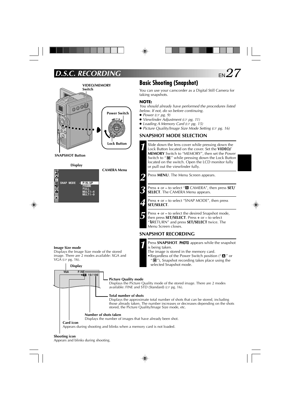 D.s.c. recording, Basic shooting (snapshot) | Technicolor - Thomson HP 270 User Manual | Page 28 / 100