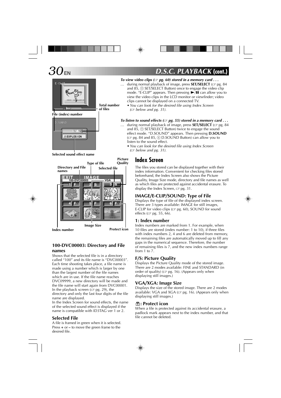 D.s.c. playback, Cont.), Index screen | Image/e-clip/sound: type of file, Index number, F/s: picture quality, Vga/xga: image size, Protect icon, Selected file | Technicolor - Thomson HP 270 User Manual | Page 31 / 100