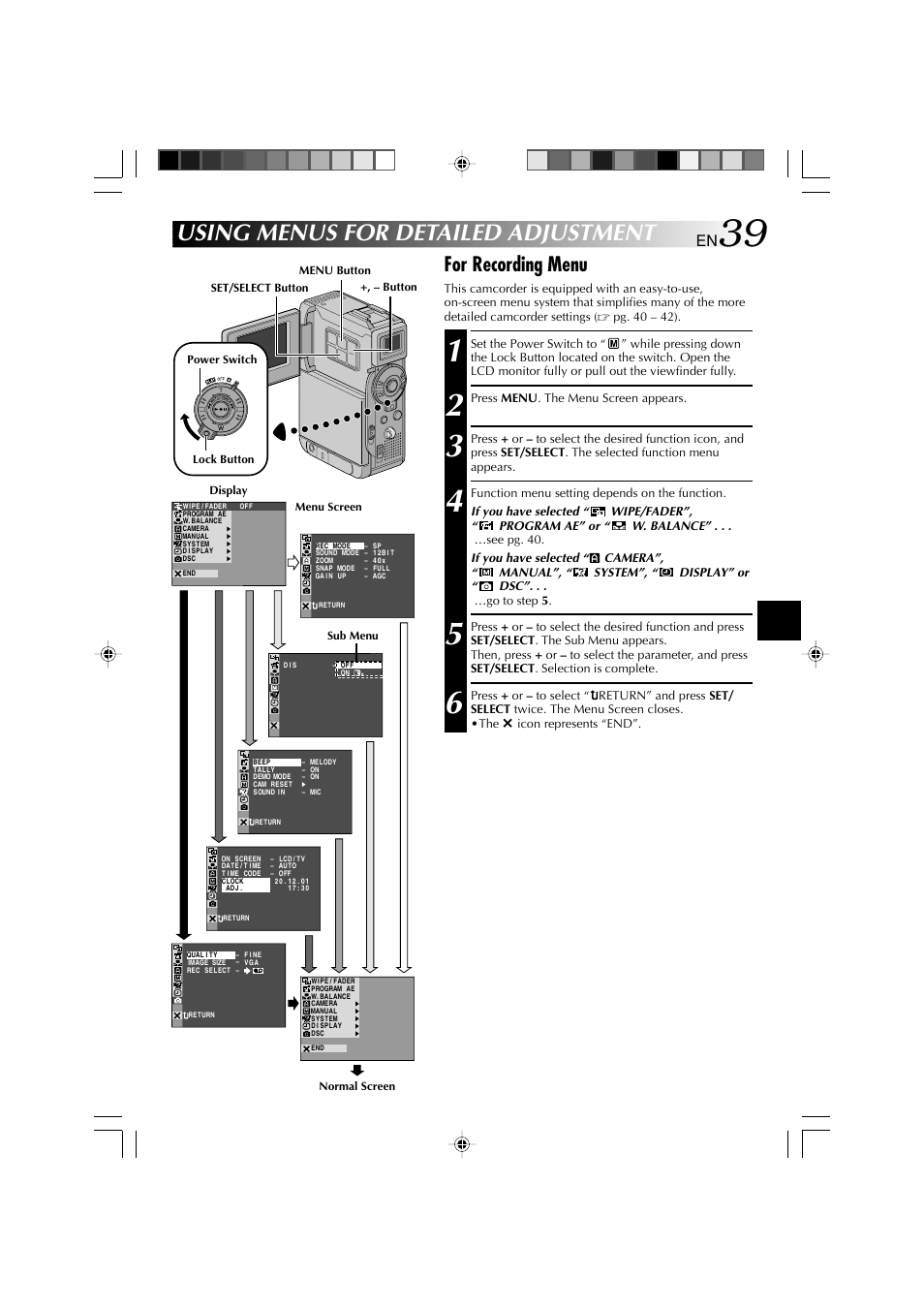 Using menus for detailed adjustment, For recording menu | Technicolor - Thomson HP 270 User Manual | Page 40 / 100