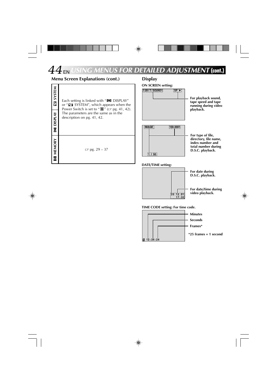 Using menus for detailed adjustment, Cont.), Menu screen explanations (cont.) | Display | Technicolor - Thomson HP 270 User Manual | Page 45 / 100