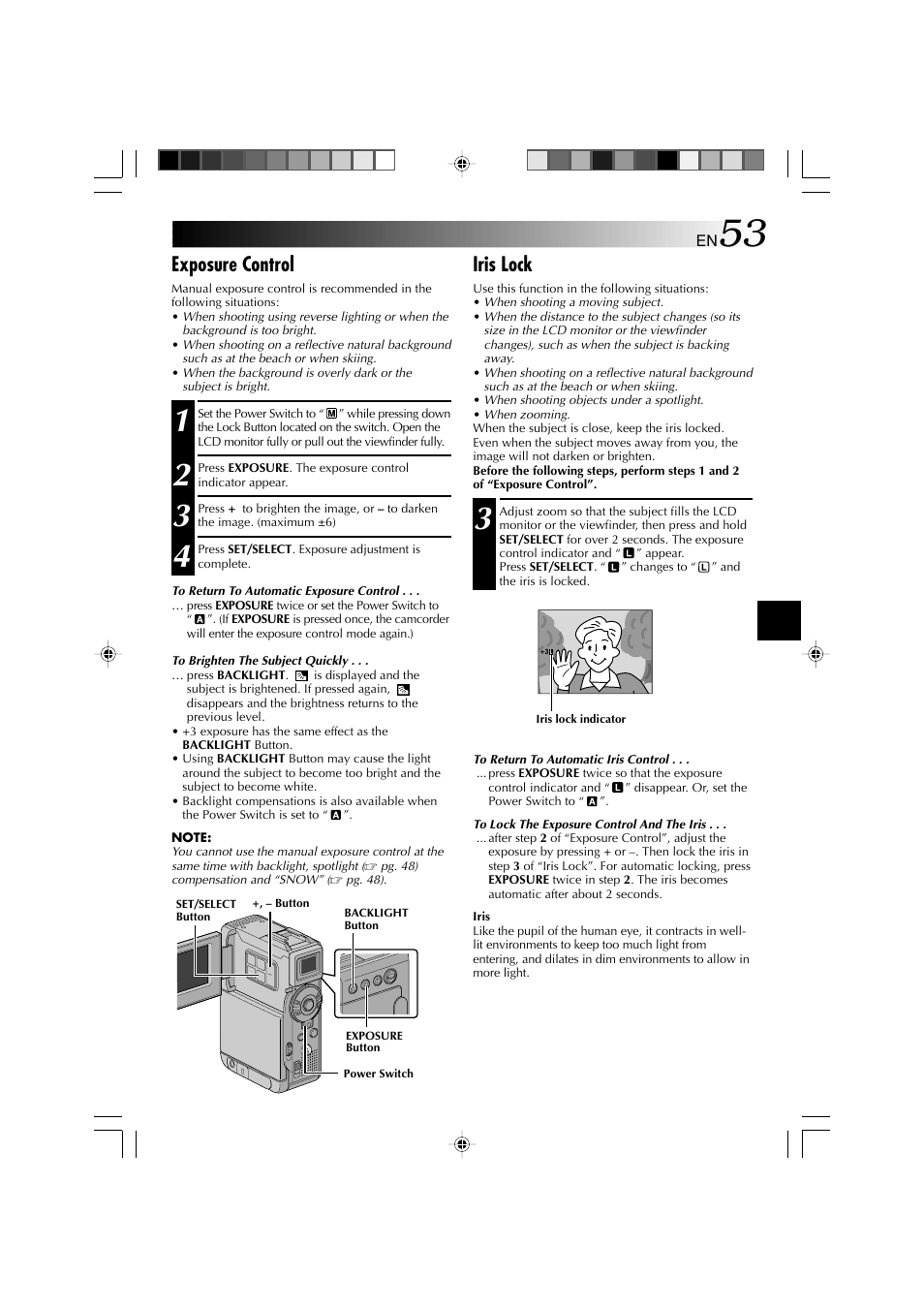 Exposure control, Iris lock | Technicolor - Thomson HP 270 User Manual | Page 54 / 100