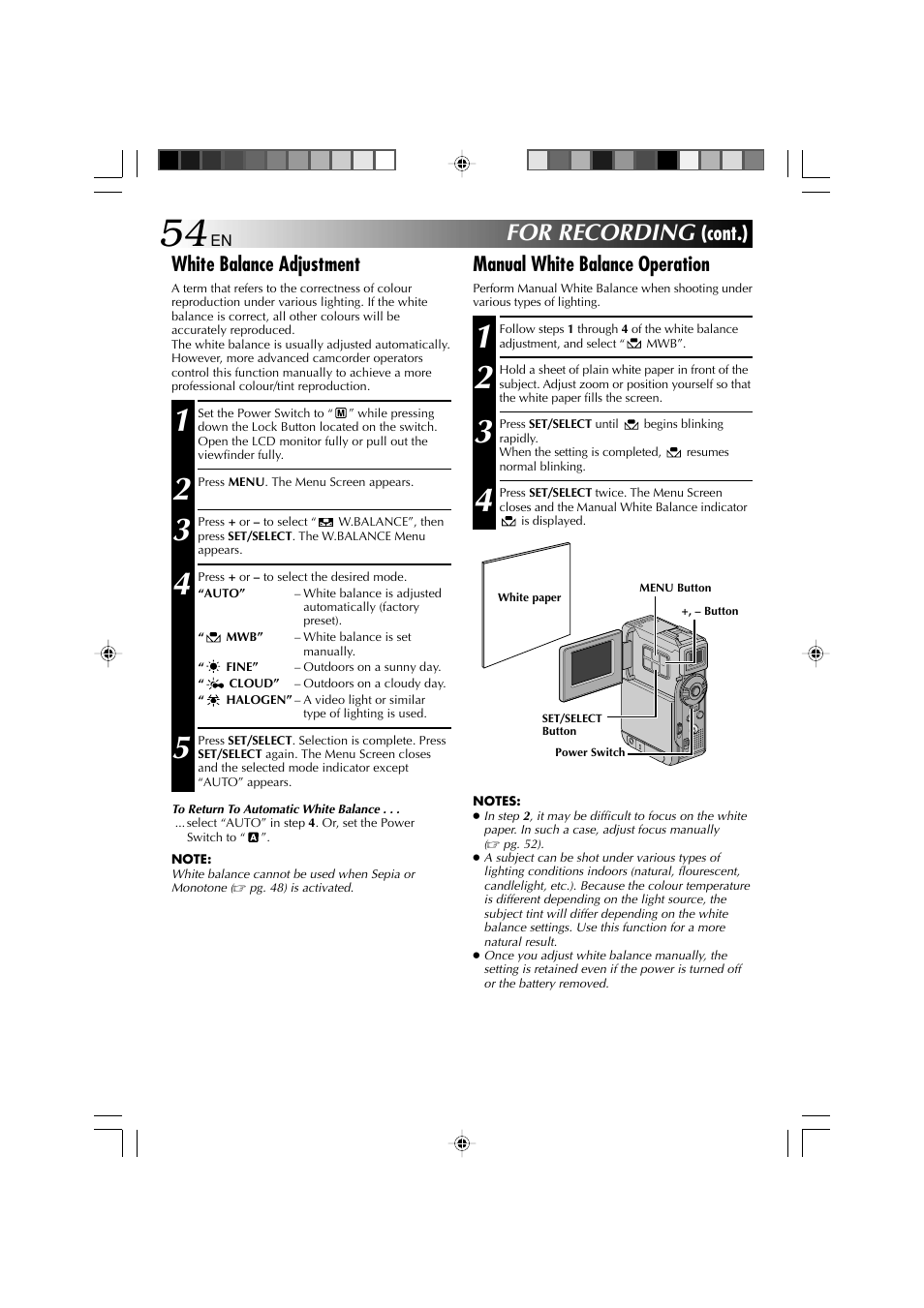 For recording, Cont.) white balance adjustment, Manual white balance operation | Technicolor - Thomson HP 270 User Manual | Page 55 / 100