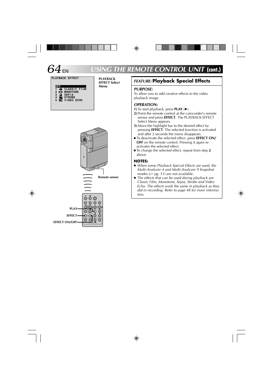 Using the remote control unit, Cont.), Playback special effects | Technicolor - Thomson HP 270 User Manual | Page 65 / 100