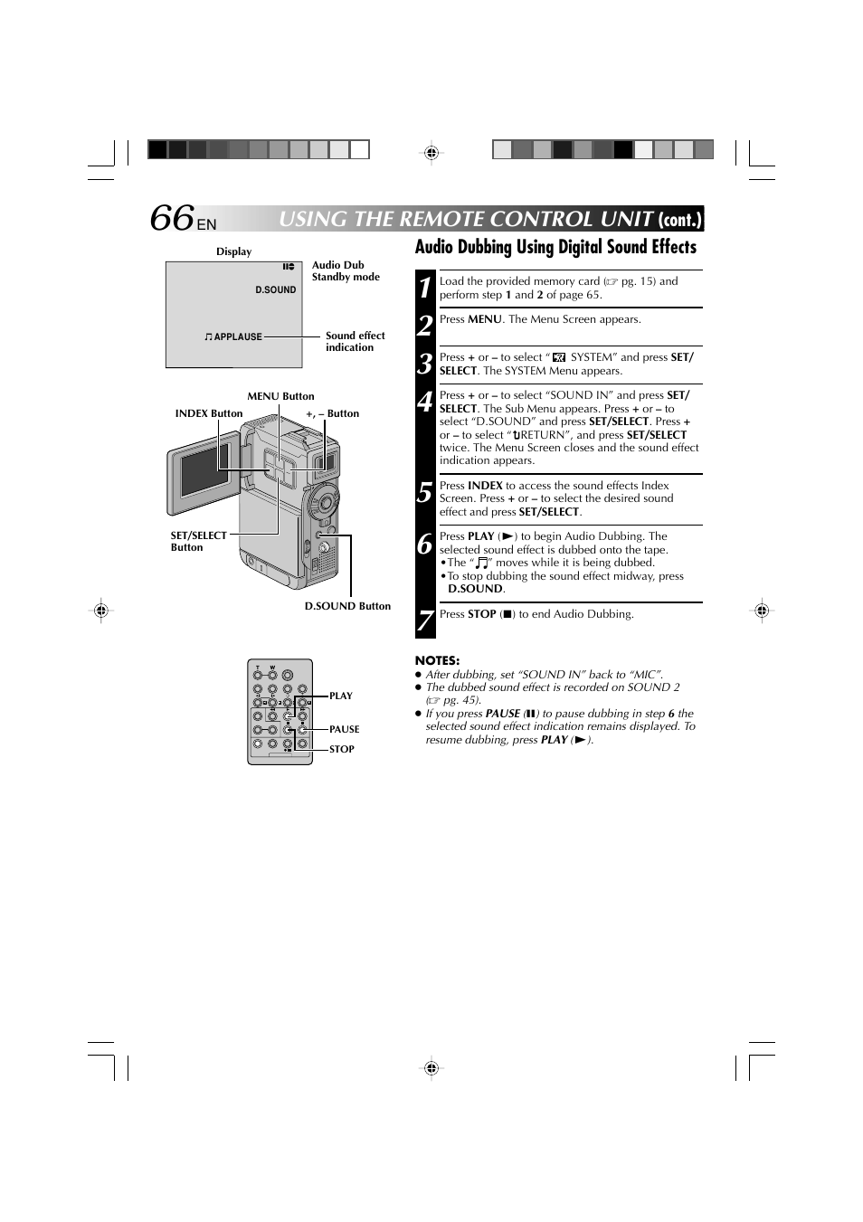 Using the remote control unit, Cont.), Audio dubbing using digital sound effects | Technicolor - Thomson HP 270 User Manual | Page 67 / 100