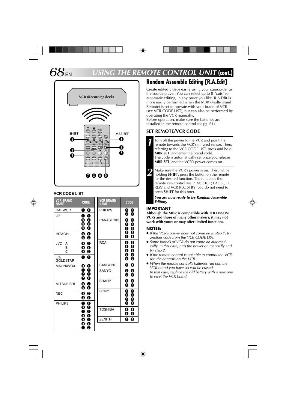 Using the remote control unit, Cont.), Random assemble editing [r.a.edit | Set remote/vcr code | Technicolor - Thomson HP 270 User Manual | Page 69 / 100