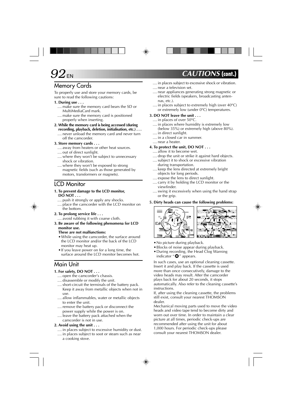 Cautions, Cont.), Lcd monitor | Main unit | Technicolor - Thomson HP 270 User Manual | Page 93 / 100