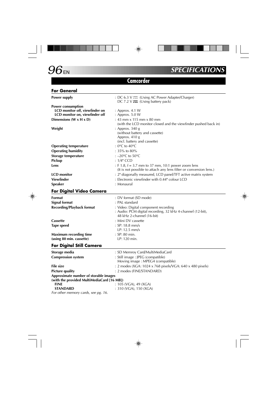 Specifications, Camcorder | Technicolor - Thomson HP 270 User Manual | Page 97 / 100