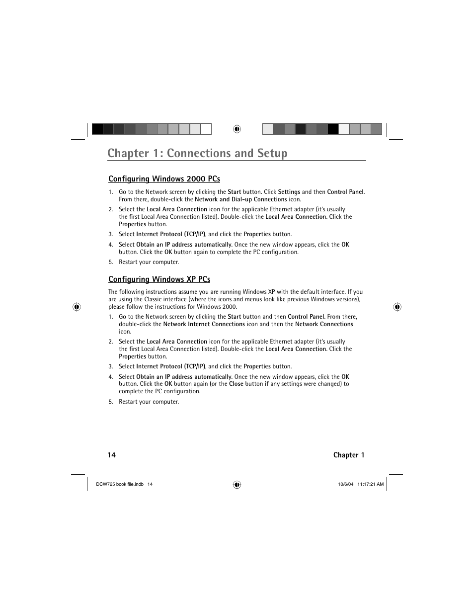 Chapter 1: connections and setup, Confi guring windows 2000 pcs, Confi guring windows xp pcs | Technicolor - Thomson Network Router User Manual | Page 16 / 72