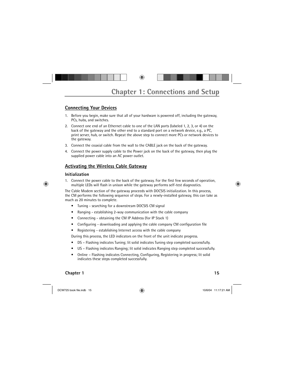 Chapter 1: connections and setup, Connecting your devices, Activating the wireless cable gateway | Technicolor - Thomson Network Router User Manual | Page 17 / 72