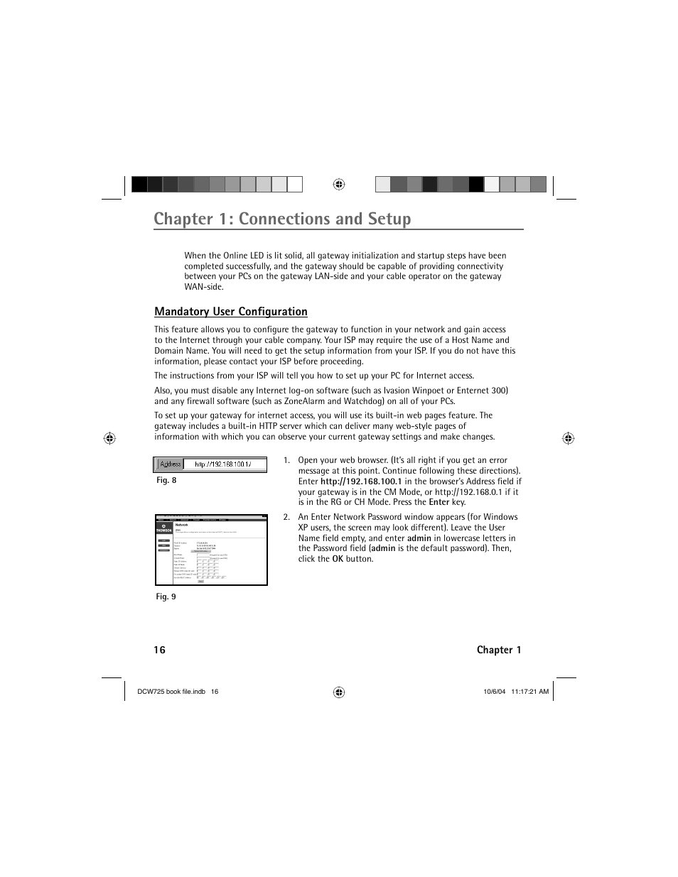 Chapter 1: connections and setup, Mandatory user confi guration | Technicolor - Thomson Network Router User Manual | Page 18 / 72