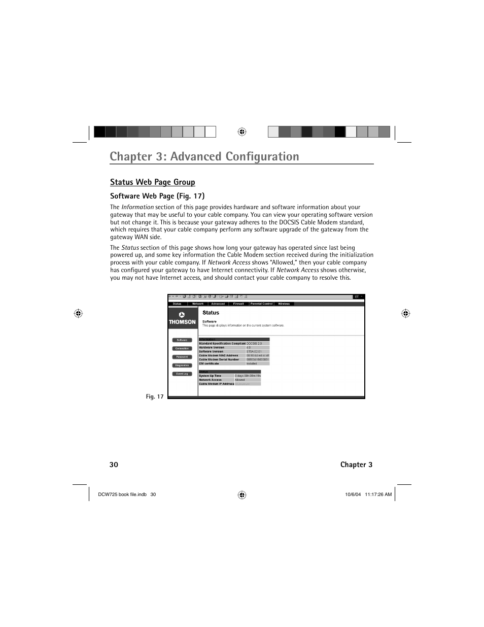 Chapter 3: advanced confi guration, Status web page group | Technicolor - Thomson Network Router User Manual | Page 32 / 72