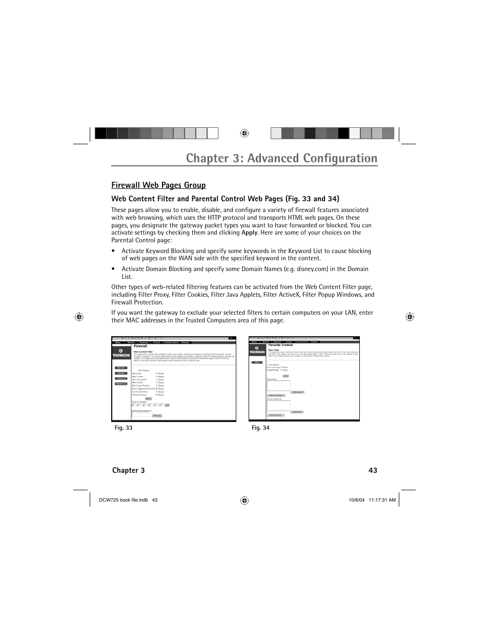 Chapter 3: advanced confi guration, Firewall web pages group | Technicolor - Thomson Network Router User Manual | Page 45 / 72