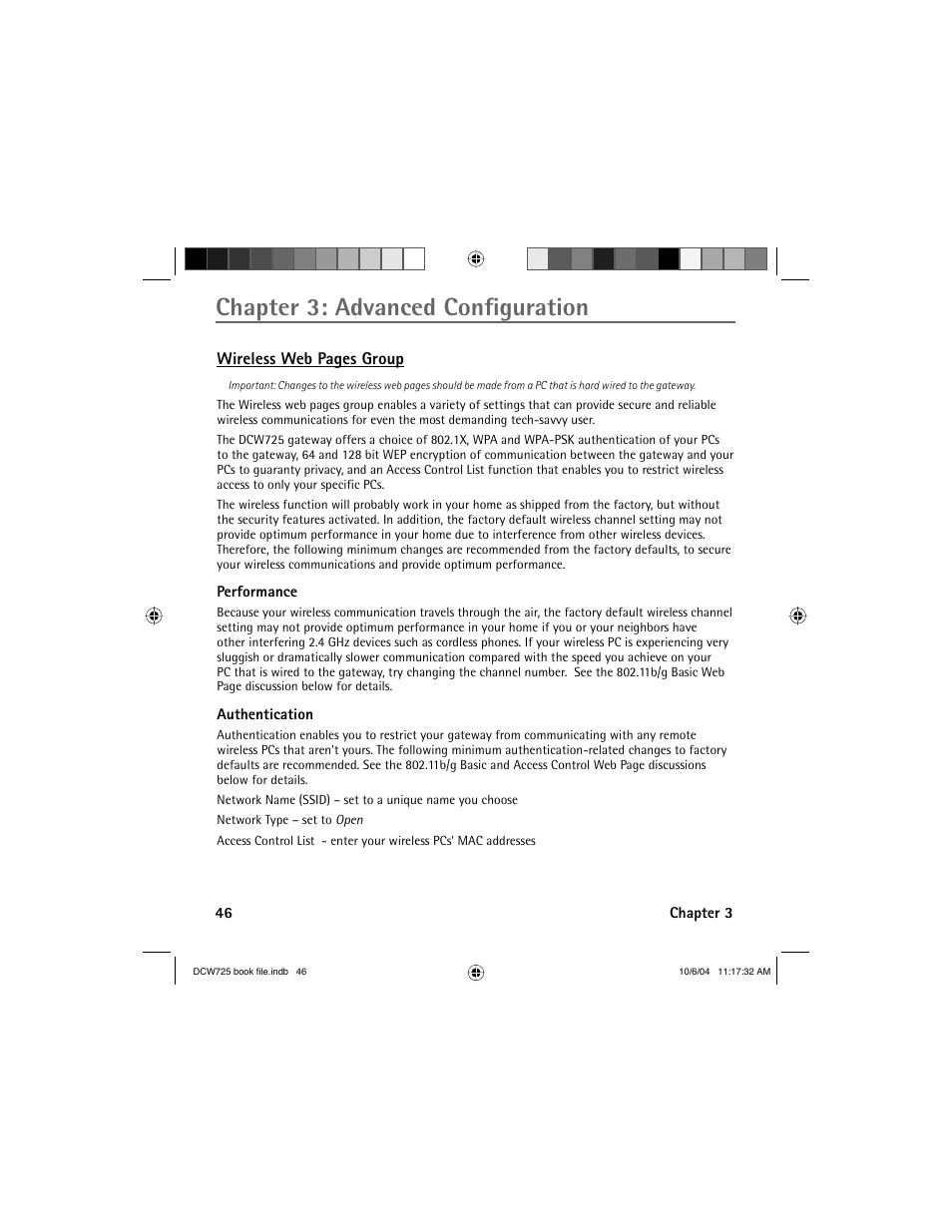 Chapter 3: advanced confi guration, Wireless web pages group | Technicolor - Thomson Network Router User Manual | Page 48 / 72