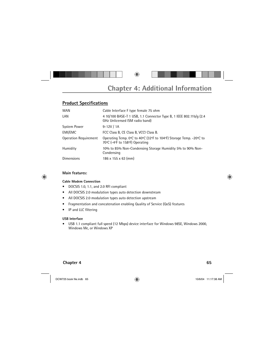 Chapter 4: additional information, Product specifi cations | Technicolor - Thomson Network Router User Manual | Page 67 / 72