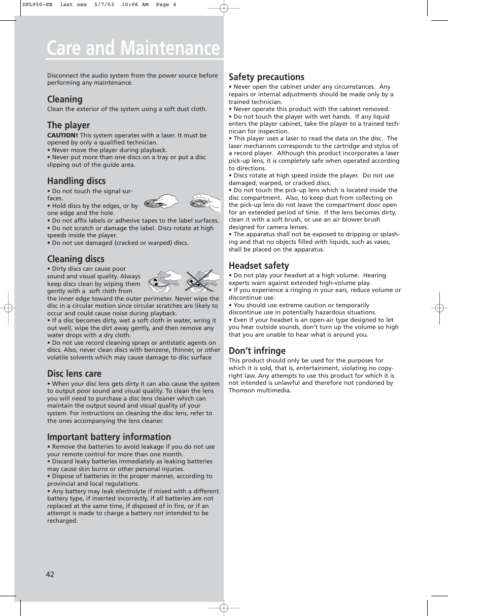 Care and maintenance, Cleaning, The player | Handling discs, Cleaning discs, Disc lens care, Important battery information, Safety precautions, Headset safety, Don’t infringe | Technicolor - Thomson DPL950-EN User Manual | Page 3 / 6