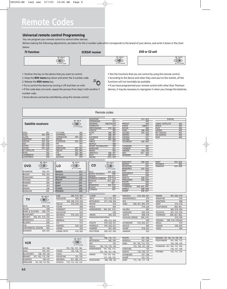 Universal remote control programming, Remote codes, Dvd ld cd | Technicolor - Thomson DPL950-EN User Manual | Page 5 / 6