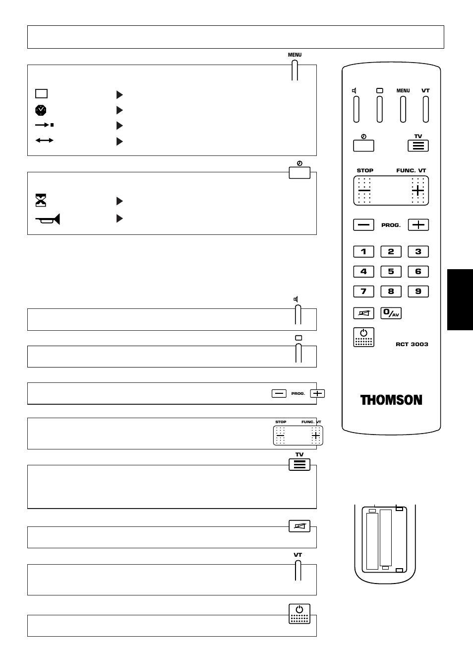 The remote control, Page 10 ī alarm, Page 8 time set ī setting the clock | 10 program . ī manual channel setting, 12 organis. ī re-organizing programmes, And adjustment or selection in menus, And scroll up through the menus | Technicolor - Thomson 21 MS 77 CX User Manual | Page 3 / 18