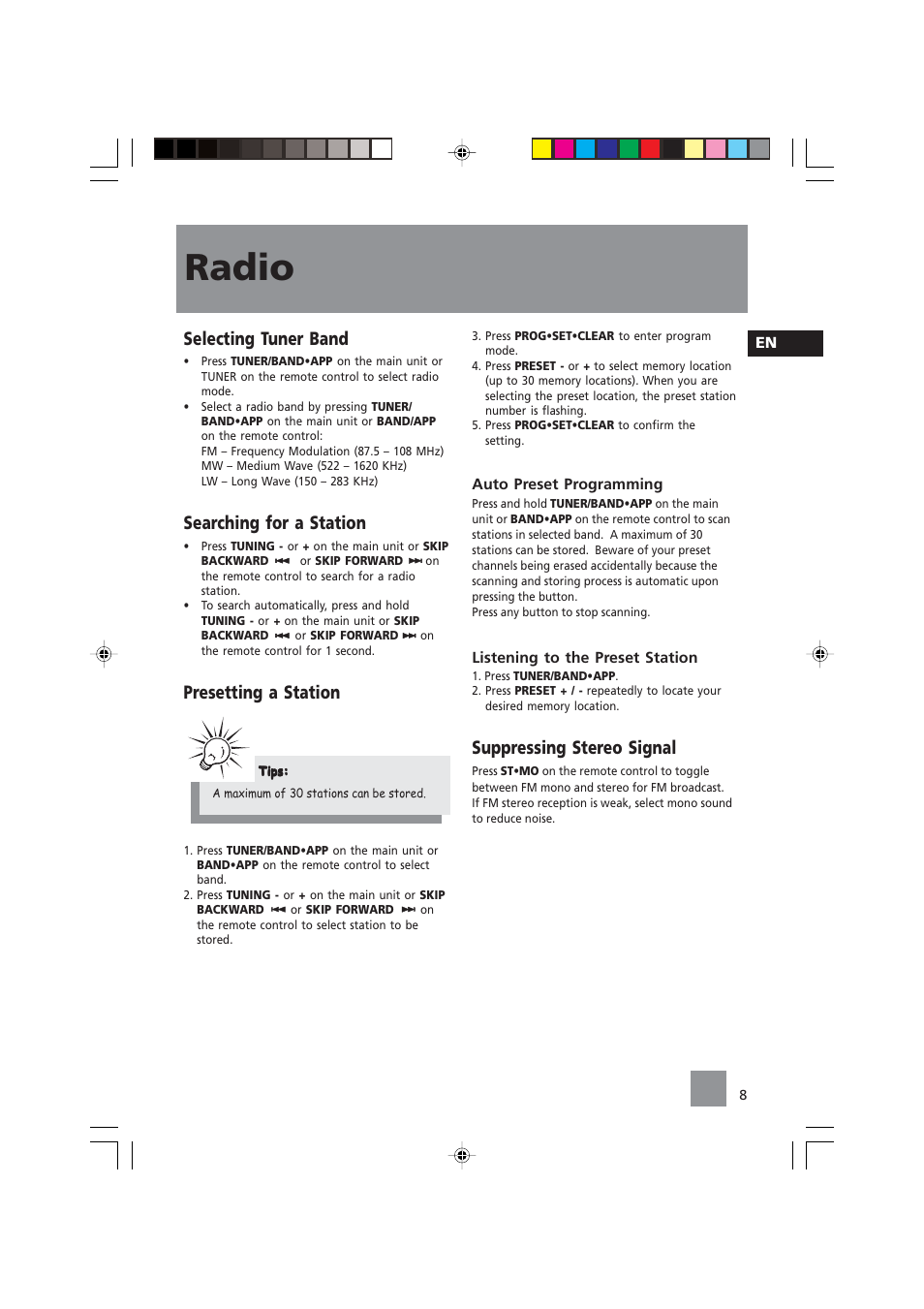 Radio, Selecting tuner band, Searching for a station | Presetting a station, Suppressing stereo signal | Technicolor - Thomson CS104 User Manual | Page 10 / 15