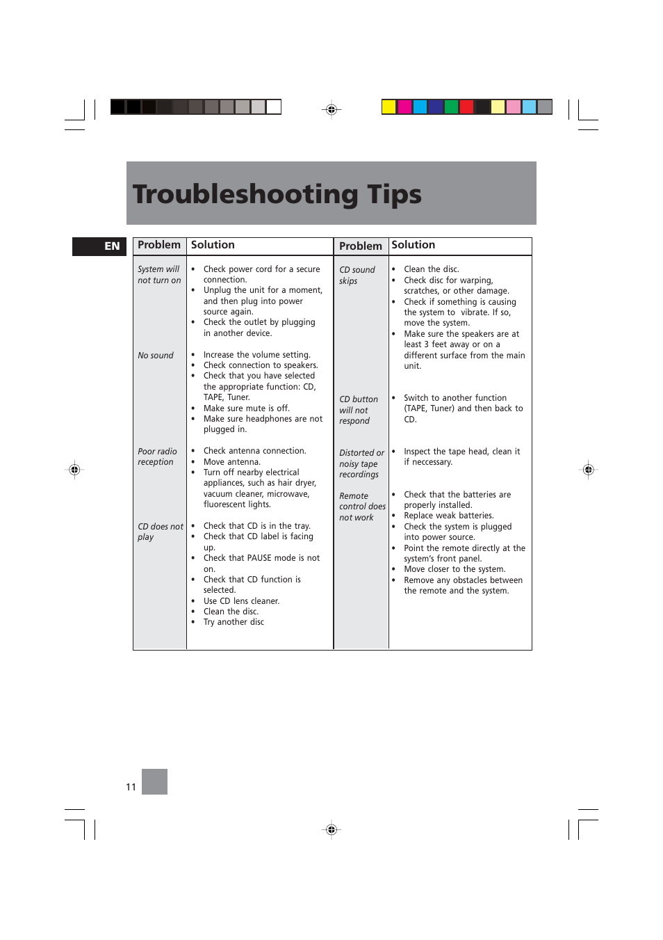 Troubleshooting tips, En problem, Solution | Problem | Technicolor - Thomson CS104 User Manual | Page 13 / 15