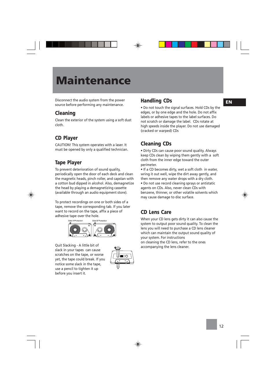 Maintenance, Cleaning, Cd player | Tape player, Handling cds, Cleaning cds, Cd lens care | Technicolor - Thomson CS104 User Manual | Page 14 / 15