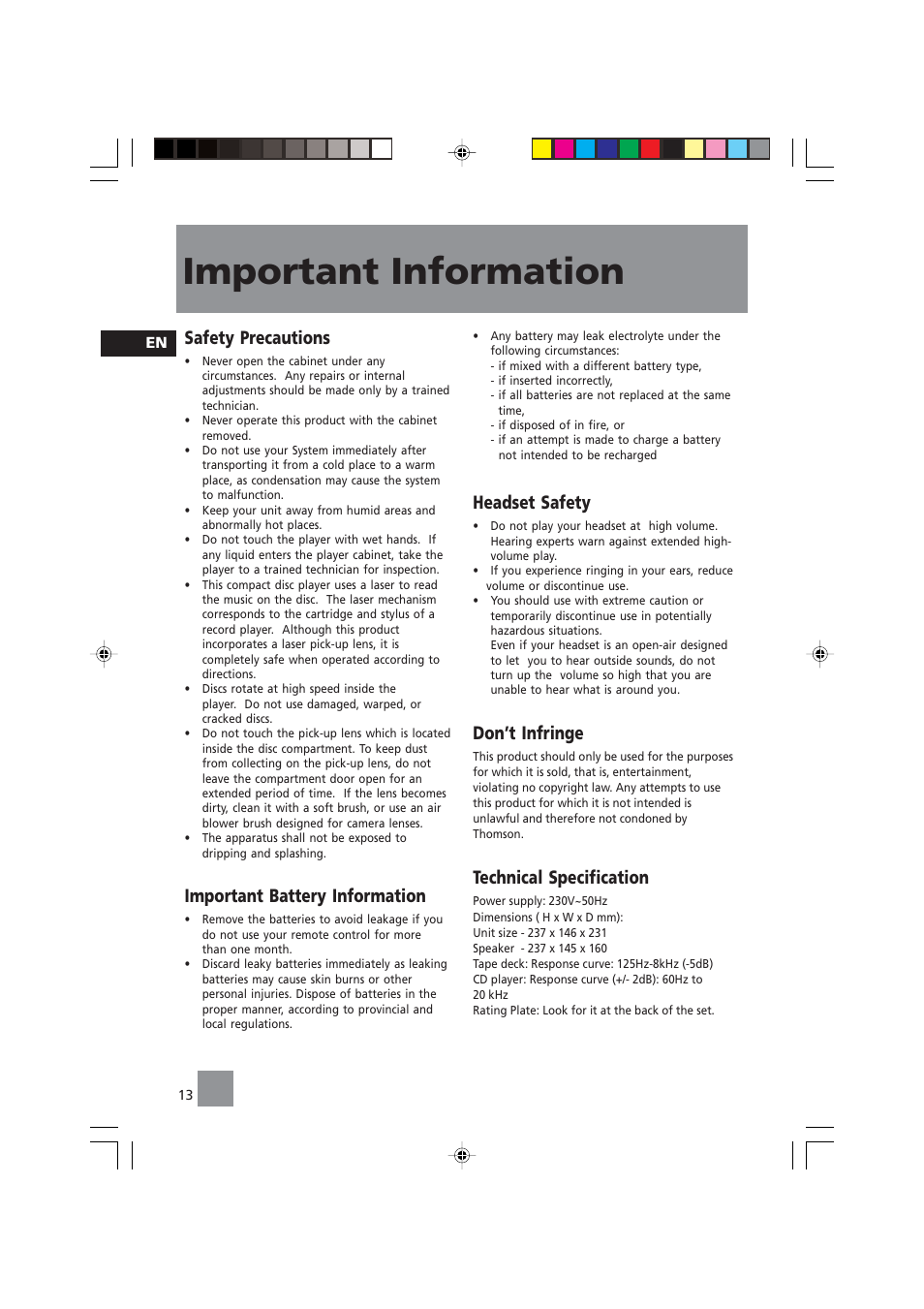 Important information, Safety precautions, Important battery information | Headset safety, Don’t infringe, Technical specification | Technicolor - Thomson CS104 User Manual | Page 15 / 15