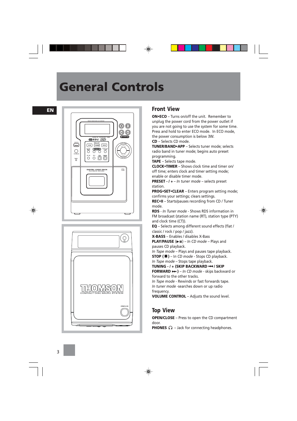 General controls, Front view, Top view | Technicolor - Thomson CS104 User Manual | Page 5 / 15