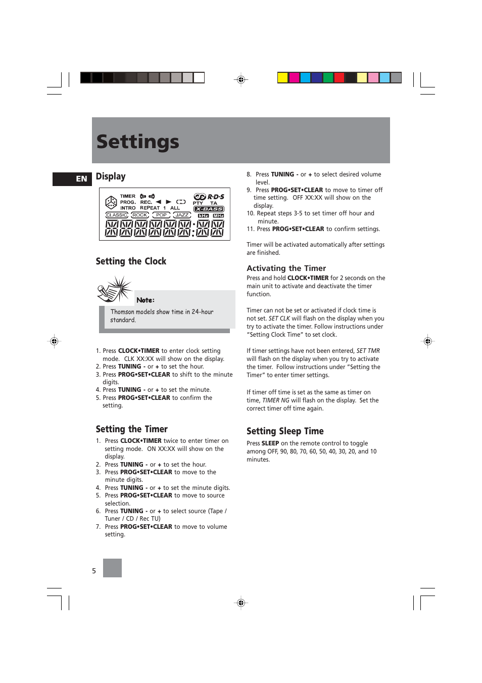Settings, Display setting the clock, Setting the timer | Setting sleep time | Technicolor - Thomson CS104 User Manual | Page 7 / 15