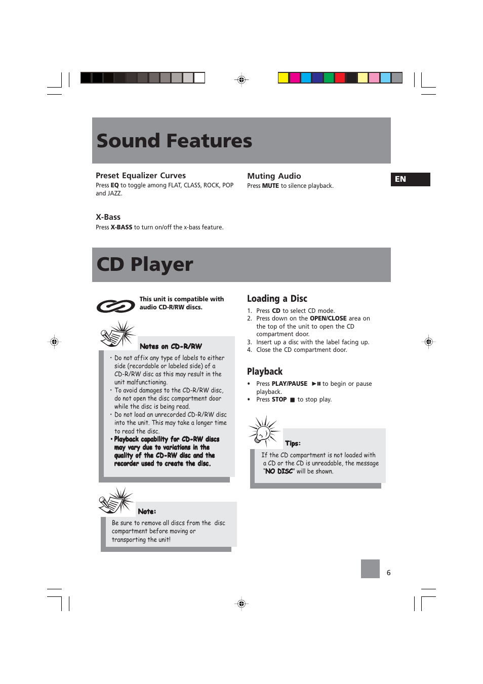 Sound features, Cd player, Loading a disc | Playback | Technicolor - Thomson CS104 User Manual | Page 8 / 15