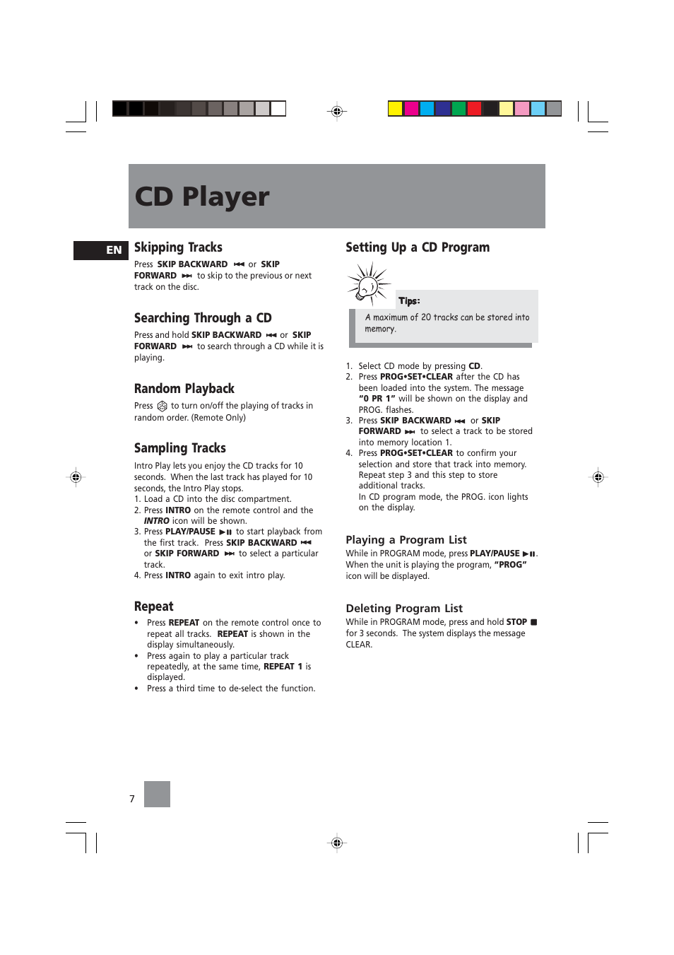 Cd player, Skipping tracks, Searching through a cd | Random playback, Sampling tracks, Repeat, Setting up a cd program | Technicolor - Thomson CS104 User Manual | Page 9 / 15