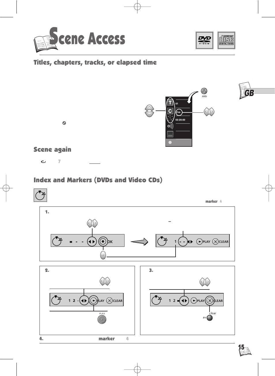 Cene access, Titles, chapters, tracks, or elapsed time, Index and markers (dvds and video cds) | Scene again | Technicolor - Thomson IB5400GB User Manual | Page 15 / 36