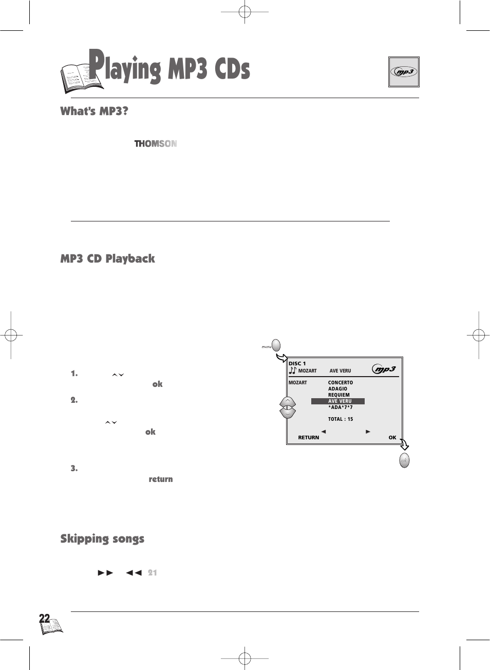 Laying mp3 cds, Mp3 cd playback what’s mp3? skipping songs | Technicolor - Thomson IB5400GB User Manual | Page 22 / 36