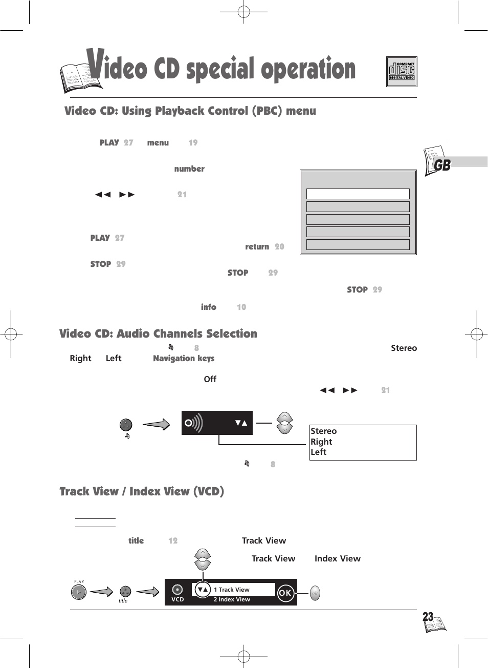 Ideo cd special operation, Video cd: using playback control (pbc) menu, Video cd: audio channels selection | Track view / index view (vcd) | Technicolor - Thomson IB5400GB User Manual | Page 23 / 36