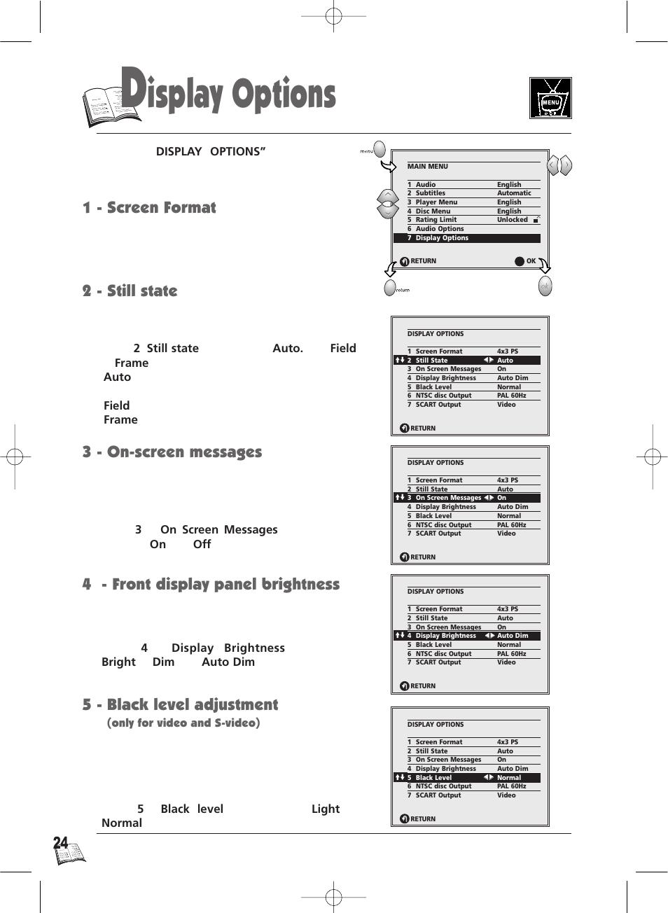 Isplay options, 5 - black level adjustment, 4 - front display panel brightness | 3 - on-screen messages, 2 - still state 1 - screen format | Technicolor - Thomson IB5400GB User Manual | Page 24 / 36