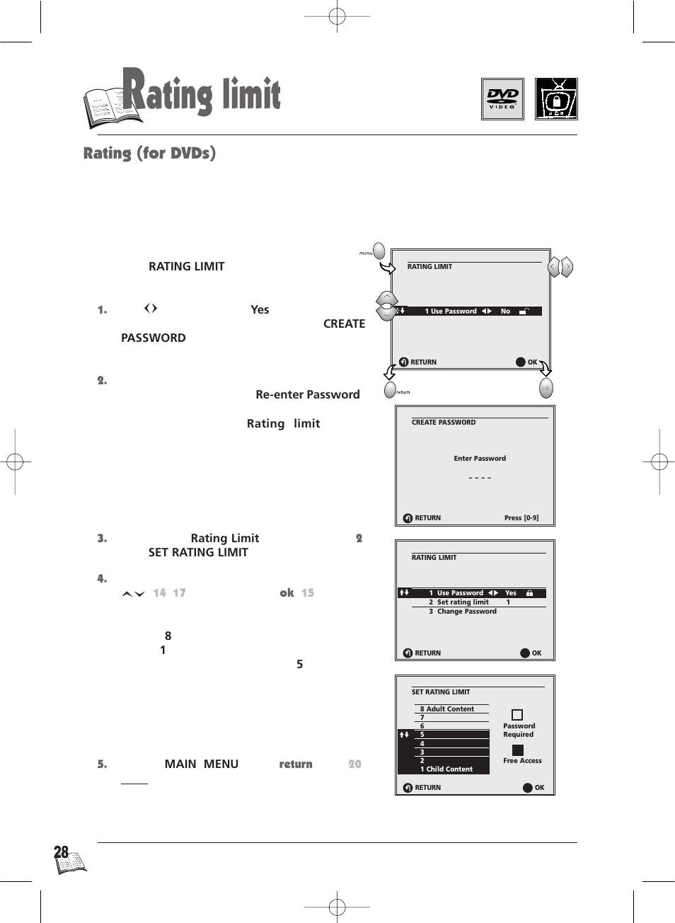 Ating limit, Rating (for dvds), Rating limit selection | Technicolor - Thomson IB5400GB User Manual | Page 28 / 36